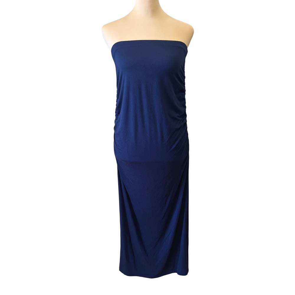 Natural Life Strapless Maxi Dress Size M Navy Blue Ruched Side Slit Swim Cover